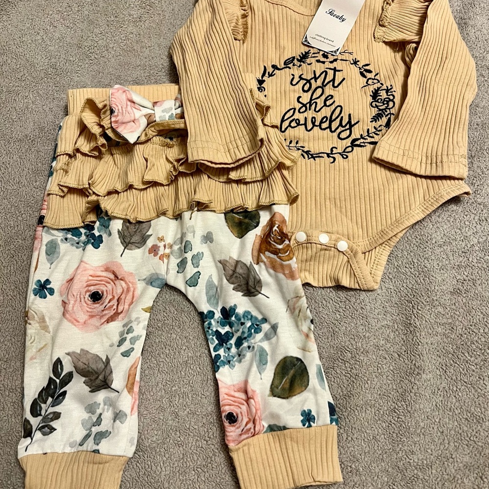 3 piece Tan and Floral Baby Outfit Set